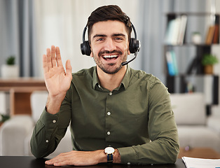 Image showing Man, portrait and wave for virtual meeting, video call or voip communication of advisory telemarketing. Face, home office and happy agent consulting with microphone, telecom tech and hello in webinar