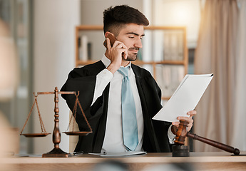 Image showing Attorney man, scales and hammer with phone call, documents and reading with thinking for crime analysis. Advocate, lawyer or judge with legal research, paperwork and networking for court evidence