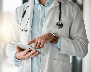 Image showing Health care, hands of doctor with tablet in hospital and research for medical website, online chart or schedule. Digital medicine, test results or healthcare worker with app for report or information