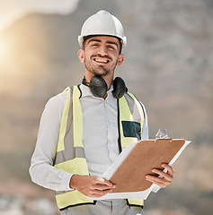 Image showing Portrait, engineering and happy man at construction site with checklist for inspection, project management and architecture. Maintenance, contractor or builder with smile and clipboard for safety.