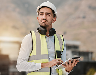 Image showing Thinking, engineering and man at construction site with tablet for inspection, project management and architecture. Maintenance, online research and builder with digital checklist for expert safety.