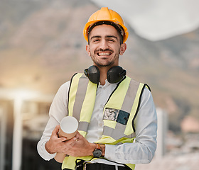 Image showing Portrait, architecture and happy man at construction site with blueprint for inspection, project management and engineering. Maintenance, contractor or builder with smile and paperwork for safety.