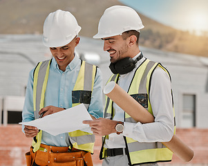 Image showing Architecture blueprint, construction site and happy people teamwork on development project, floor plan or design info. Illustration, engineer team and architect collaboration on civil engineering