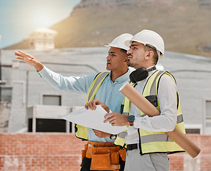 Image showing Architect planning, teamwork or people gesture at development project, building site or civil engineering. Construction worker, collaboration or engineer team cooperation on urban industrial property