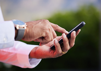 Image showing Business man, hands and smartphone in city to search social network, mobile website and internet contact. Closeup of worker outdoor with cellphone, reading corporate news app and typing information