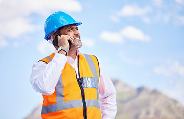 Image showing Architecture, construction and phone call in the city for building, planning and communication of worker with engineer. Cellphone, conversation and senior man and architect in project management