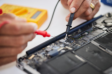 Image showing Motherboard, hands and circuit board with microchip, engineering and repair closeup. IT, hardware and electrical person working on maintenance, problem solving and cpu check of battery with tools