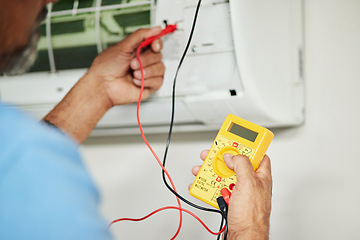 Image showing Multimeter, electrician and test for power, electricity or energy inspection on electrical box, system and voltage tools. Technician, engineer or handyman to measure current, supply or maintenance