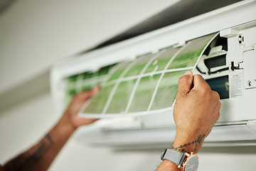 Image showing Electrician, ac repair and air conditioner with hands of man for maintenance, ventilation and power. Engineering, electricity and inspection with closeup of technician for filter, fan and contractor