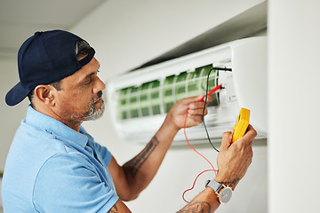 Image showing Electrician, multimeter and test for power, electricity or energy inspection on electrical box, system and voltage tools. Technician, engineer or handyman to measure current, supply or maintenance