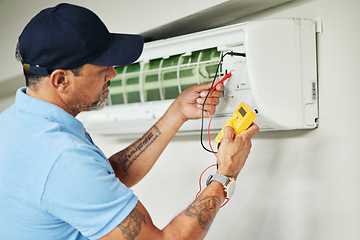 Image showing Air conditioner, meter and electrician man for ac repair, maintenance and electrical power services on fan system. Person, technician or contractor with electricity, box check and hvac engineering