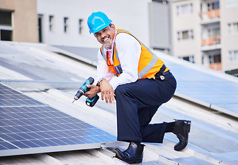 Image showing Solar panels, man and portrait with drill for engineering, grid and building maintenance in city. Electrician, construction tools and smile for energy saving project, photovoltaic system and rooftop