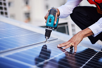 Image showing Solar panels, person hands and tools for engineering maintenance, electrical repair and rooftop contractor, Grid, drill and industrial worker or electrician for eco photovoltaic installation in city