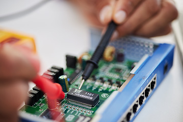 Image showing Motherboard, hands and technology with microchip, engineering and repair closeup. IT, hardware and electrical person working on maintenance, problem solving and circuit check of battery with tools