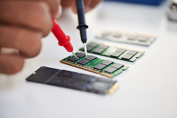 Image showing Hands, motherboard and engineer solder circuit board for technology, electrical hardware or CPU microchip. Closeup, technician and iron welding tools for IT maintenance, upgrade or test semiconductor