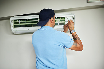 Image showing Machine, ac repair and air conditioner with man and screwdriver for maintenance, ventilation or power. Engineering, electricity and inspection with technician and tools for electrician and contractor