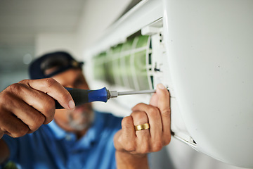 Image showing Electrician, hands and air conditioning with man and screwdriver for maintenance, ventilation or power. Engineering, electricity and inspection with closeup of technician for ac repair and contractor