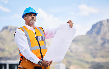 Image showing Engineering man, thinking and blueprint for outdoor construction, planning and project management in city. Ideas, floor plan vision and contractor, manager or person for design paper and architecture