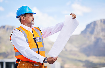 Image showing Engineering man, floor plan and outdoor construction, planning and project management in city. Analysis, property blueprint and contractor, manager or person with design paper, ideas and architecture