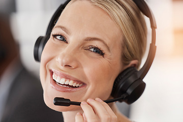 Image showing Call center, face of happy woman or portrait of telemarketing agent with microphone for customer service, CRM support and FAQ contact. Female sales consultant smile for telecom questions at help desk