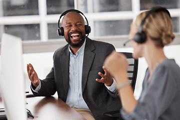 Image showing Business people, call center and success, excited and celebration for profit, sales or target achievement in office. Teamwork, talking and diversity of consultant or woman and man winning or laughing