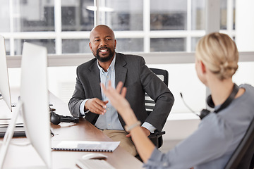 Image showing Call center, planning and business people for teamwork, collaboration and sales management, questions or solution. Talking, advice and telemarketing agency, consultant or man and woman conversation