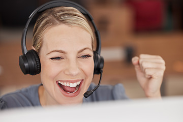 Image showing Call center, success and consulting with business woman in office for celebration, bonus and winner. Customer service, help desk and wow with female employee for promotion, achievement and profit