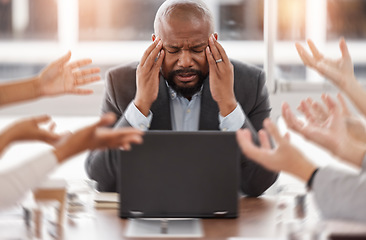 Image showing Stress, hands and businessman with a headache in the office while in a meeting with a team. Burnout, migraine and African professional male manager with project deadline on a laptop in the workplace.