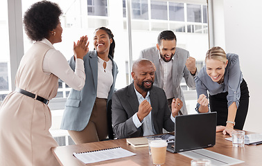 Image showing Business people, staff and achievement with a laptop, celebration, excited or happiness with a new project. Teamwork, group or coworkers with pc, success or goals with growth, target or collaboration