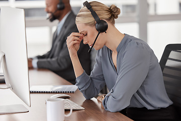 Image showing Stress, tired and call center with business woman in office for anxiety, burnout and mental health. Consulting, receptionist and customer service with employee for anger, fatigue and problem