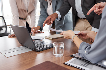 Image showing Hands, meeting and business people with a laptop and report for analysis, investment or trading. Discussion, computer and corporate employees at a desk for teamwork on financial analytics together