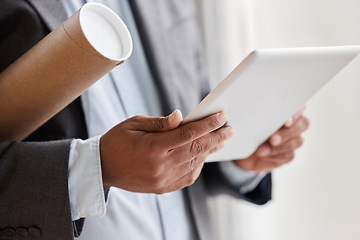 Image showing Hands, architecture and a man with a tablet for internet, infrastructure research or communication. Digital, planning and a contractor or businessman with technology for a construction app or email