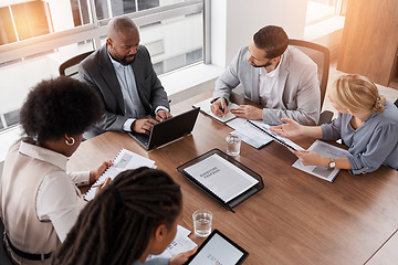 Image showing Business meeting, technology and people planning, management and collaboration for financial report or proposal. Diversity women, men and manager on laptop and documents for accounting workflow above