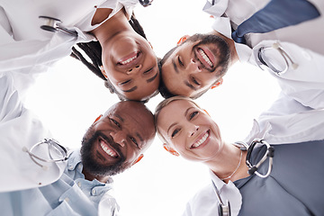 Image showing Hospital doctors, circle portrait and happy people for healthcare teamwork, medical support services and clinic help. Medicine solidarity, below view face or group nurses for cardiology collaboration