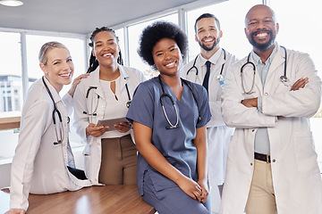 Image showing Smile, portrait and hospital doctors, people or surgeon team for healthcare, help services or medical collaboration. Medicine health professional, clinic group solidarity or staff nurses for medicare