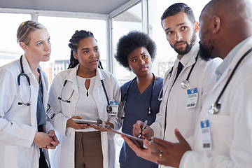 Image showing Teamwork, diversity or hospital people, doctors or surgeon team discussion, medical research or clinic collaboration. Medicine health professional, group report or nurses planning healthcare services