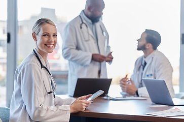 Image showing Portrait, research and hospital doctor, happy woman or surgeon team work on healthcare report, medical help or wellness. Medicine development, tablet and clinic person with online support information