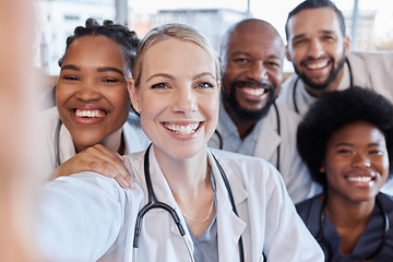 Image showing Selfie, portrait and hospital doctors, happy people or surgeon team smile on healthcare, medical photo or health services. Teamwork support, memory picture or group face of diversity medicare nurses