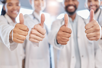 Image showing Thumbs up, hands and hospital doctors, happy people or surgeon team healthcare vote, medical feedback or health agreement. Teamwork support, emoji like icon and wellness clinic group with yes gesture