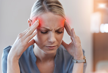 Image showing Business woman, headache and stress with thinking, red glow or overlay for burnout at finance job. Accountant employee, pain and tired with fail, depressed and fatigue with pressure at modern office