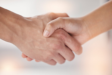 Image showing Closeup, shaking hands and people meeting for introduction, agreement and support of deal, partnership and welcome. Handshake for greeting hello, thank you and networking with trust, success and team