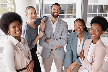 Image showing Business, group and portrait with smile at workplace with pride for finance teamwork. Professional, people and happy with diversity or confidence at corporate company with support with leadership.