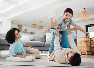 Image showing Play, mother or father with a boy on floor relaxing as a happy family bonding in Australia with love or care. Portrait, airplane or parents smile with kid enjoying quality time on a fun holiday