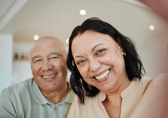 Image showing Smile, happy and selfie with old couple in living room for love, support and retirement. Happiness, marriage and profile picture with portrait of senior man and woman at home for care and peace