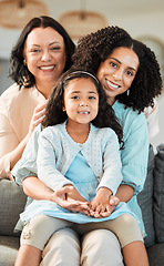 Image showing Grandma, mother and daughter in portrait, sofa and smile together with love, bonding and relax in family house. Mom, senior woman and girl child with care, generations and happy in home living room