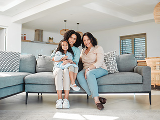 Image showing Mom, grandmother and girl on sofa for portrait in living room, home or happy together for bonding, quality time in house. Smile, face of mother and elderly person to relax and support young child