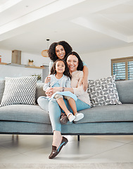 Image showing Mother, grandmother and girl on sofa for portrait in living room, home or happy together for a hug or quality time in house. Smile, face of mama and elderly person relax with young child in embrace