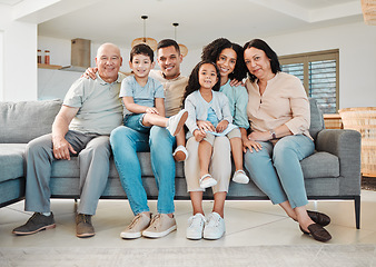 Image showing Portrait of grandparents, parents and kids on sofa together, support and love in new home or apartment. Men, women and children on couch, happy smile to relax and generations of family in living room