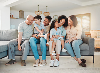 Image showing Happiness of grandparents, parents and kids on sofa together, support and love in home or apartment. Men, women and children on couch, smile to relax and generations of happy family in living room.