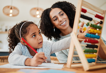 Image showing Math, child learning and mother for home education, numbers support or helping in kindergarten development. Happy mom, woman and girl kid writing abacus numbers on paper, school and family teaching